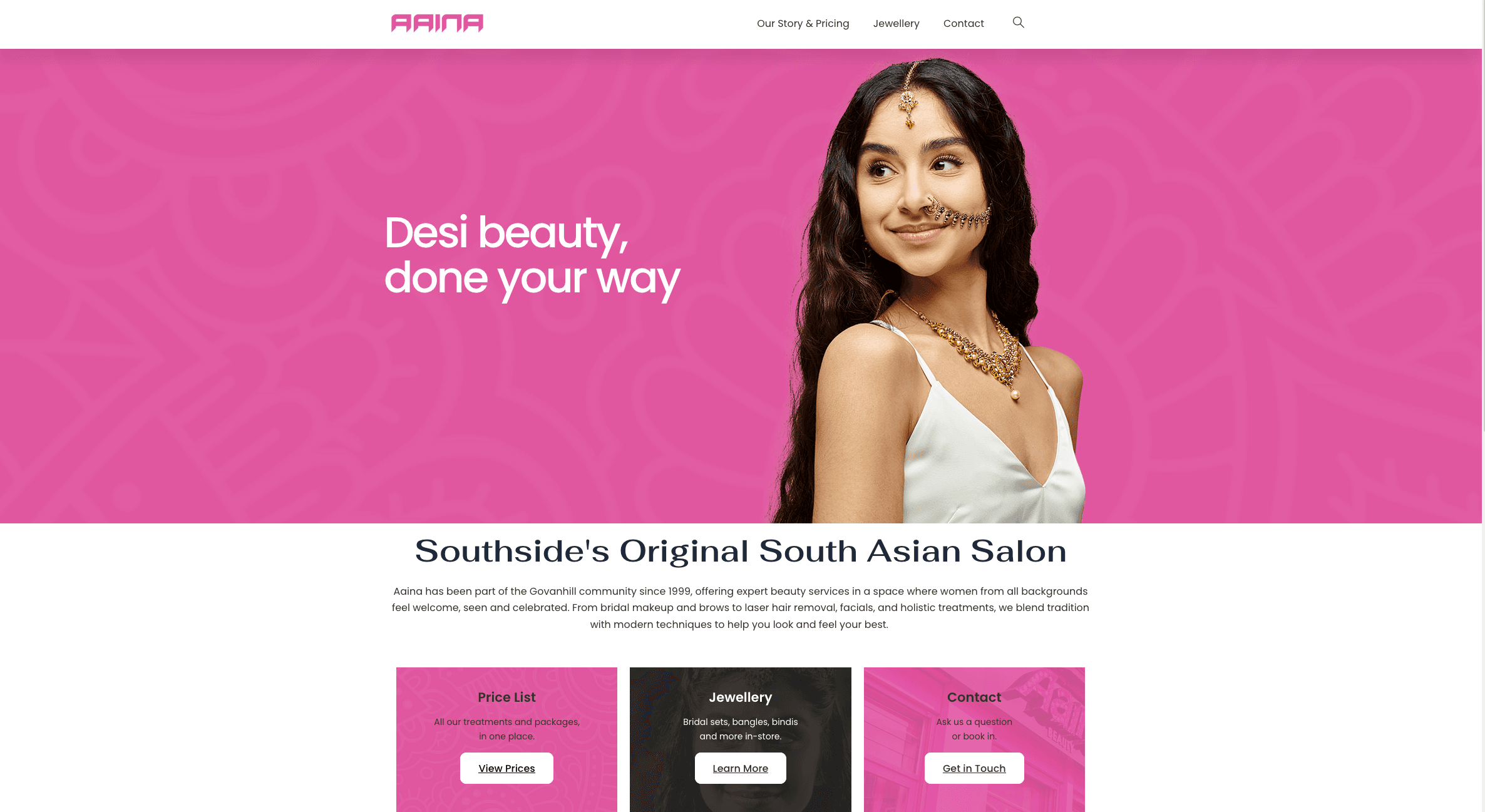 Aaina website homepage screenshot