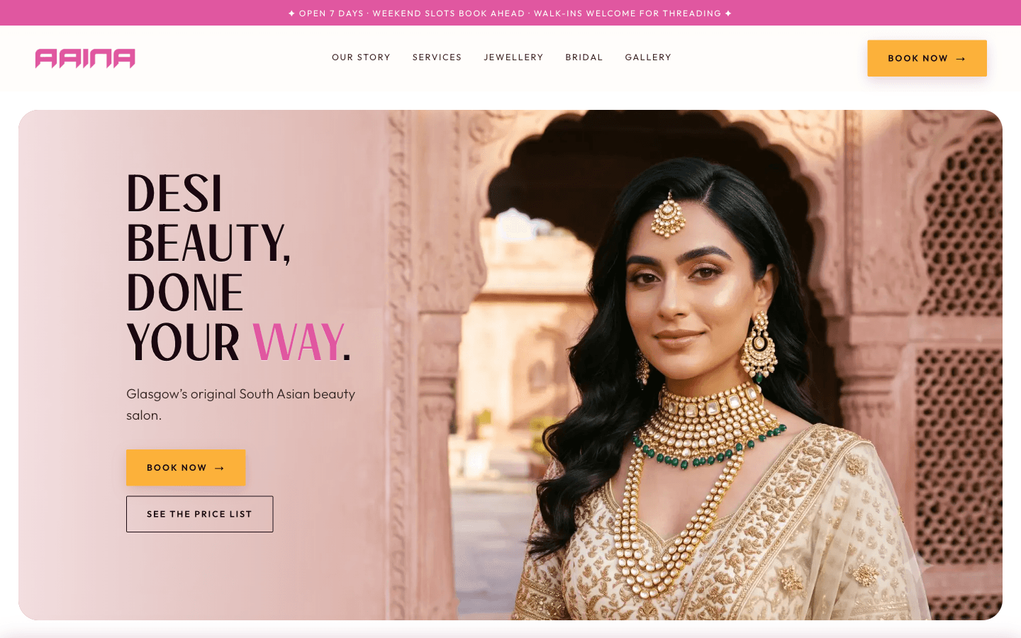 The rebuilt Aaina homepage, with the heritage arch hero and booking call to action