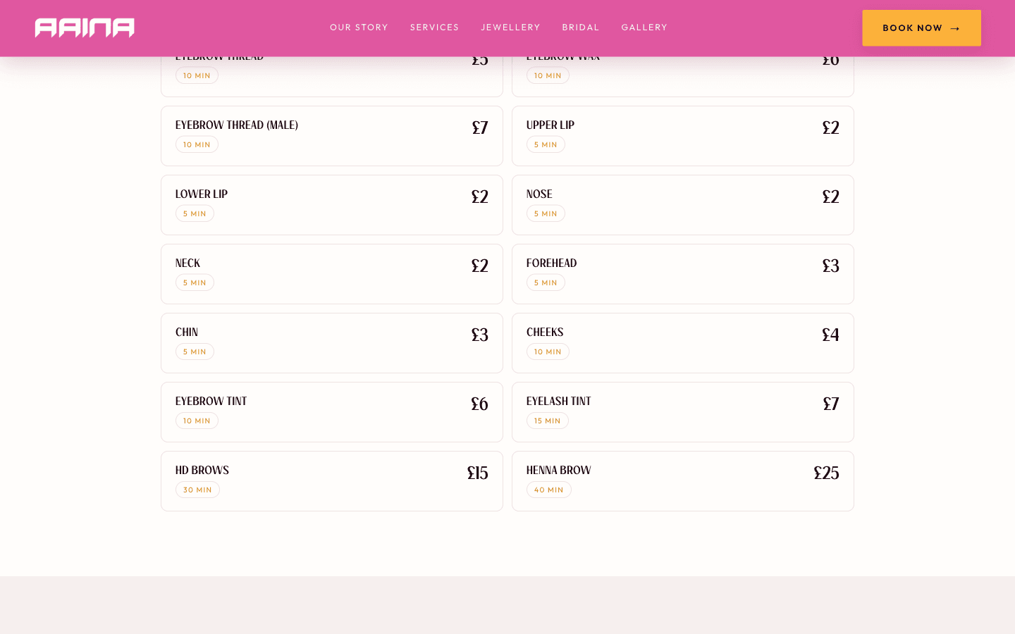 Aaina price list showing each treatment with its duration and price