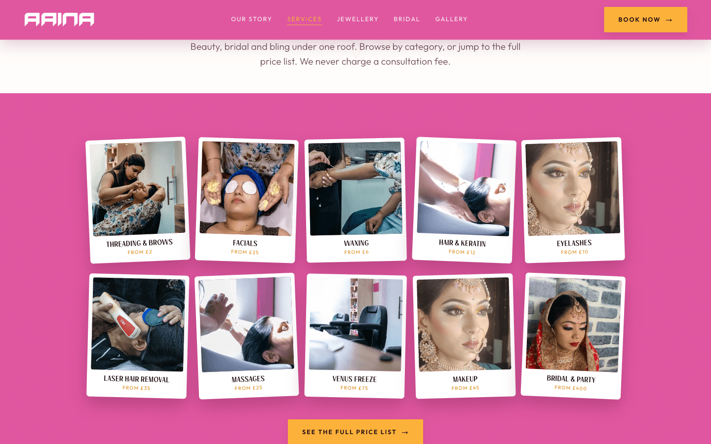 Aaina services page with a wall of polaroid-style treatment cards and starting prices
